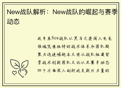 New战队解析：New战队的崛起与赛季动态
