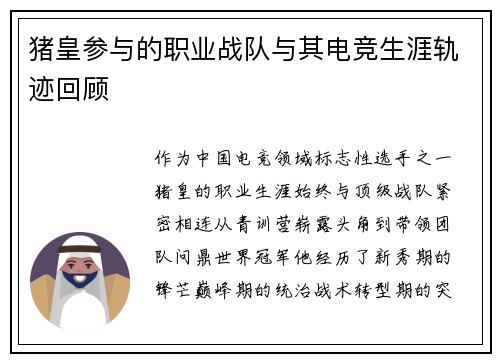 猪皇参与的职业战队与其电竞生涯轨迹回顾