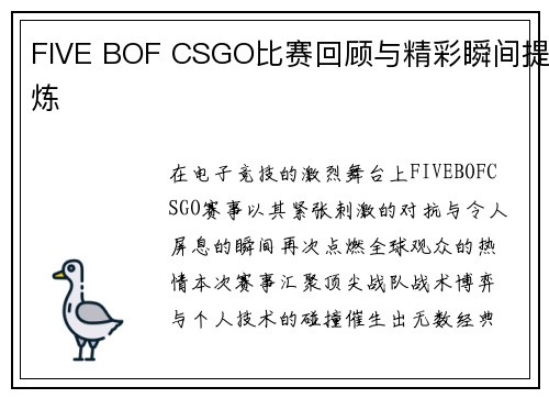 FIVE BOF CSGO比赛回顾与精彩瞬间提炼